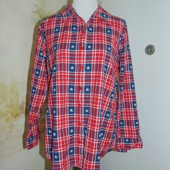 Collections Etc Women's Collared Button Down Shirt Plaid Cotton Stars Size Large - Picture 2 of 7